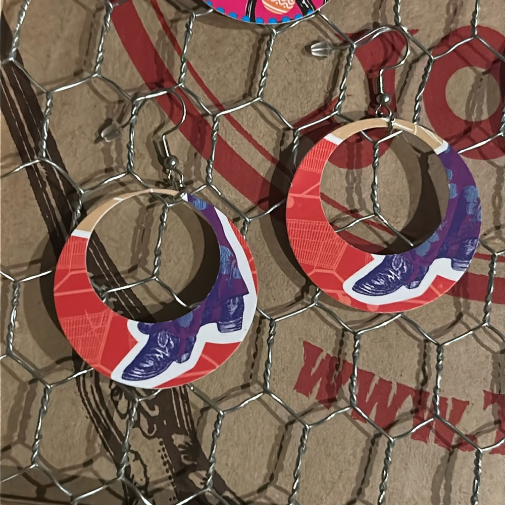 Trader Joe’s earrings circle purple boots hoops recycled gift card